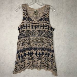 Vocal Womens Small Embellished Aztec Tribal Design Taupe Beige Knit Tank Top